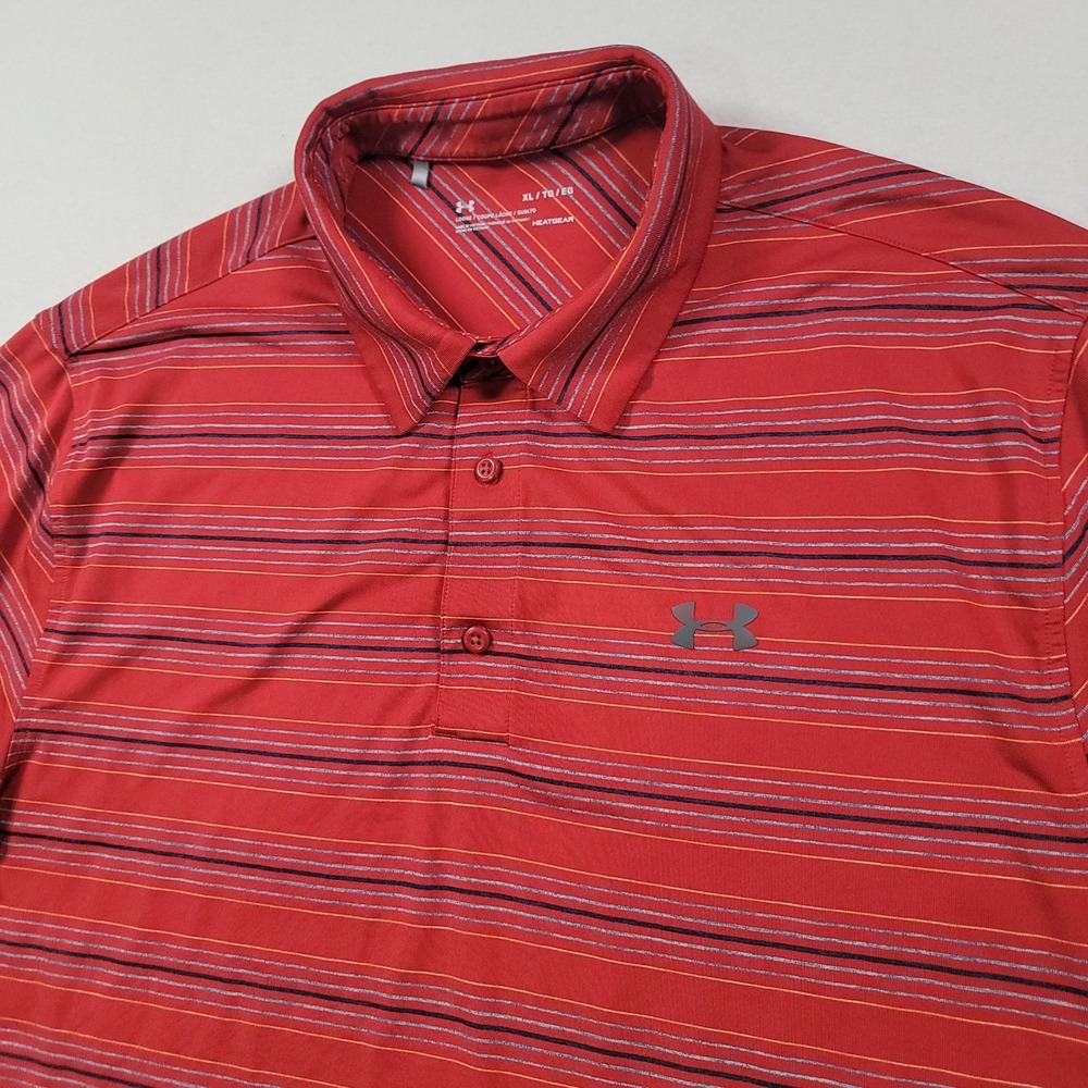 Under Armour Playoff Polo Shirt Mens XL Red Striped HeatGear Golf Loose Fit